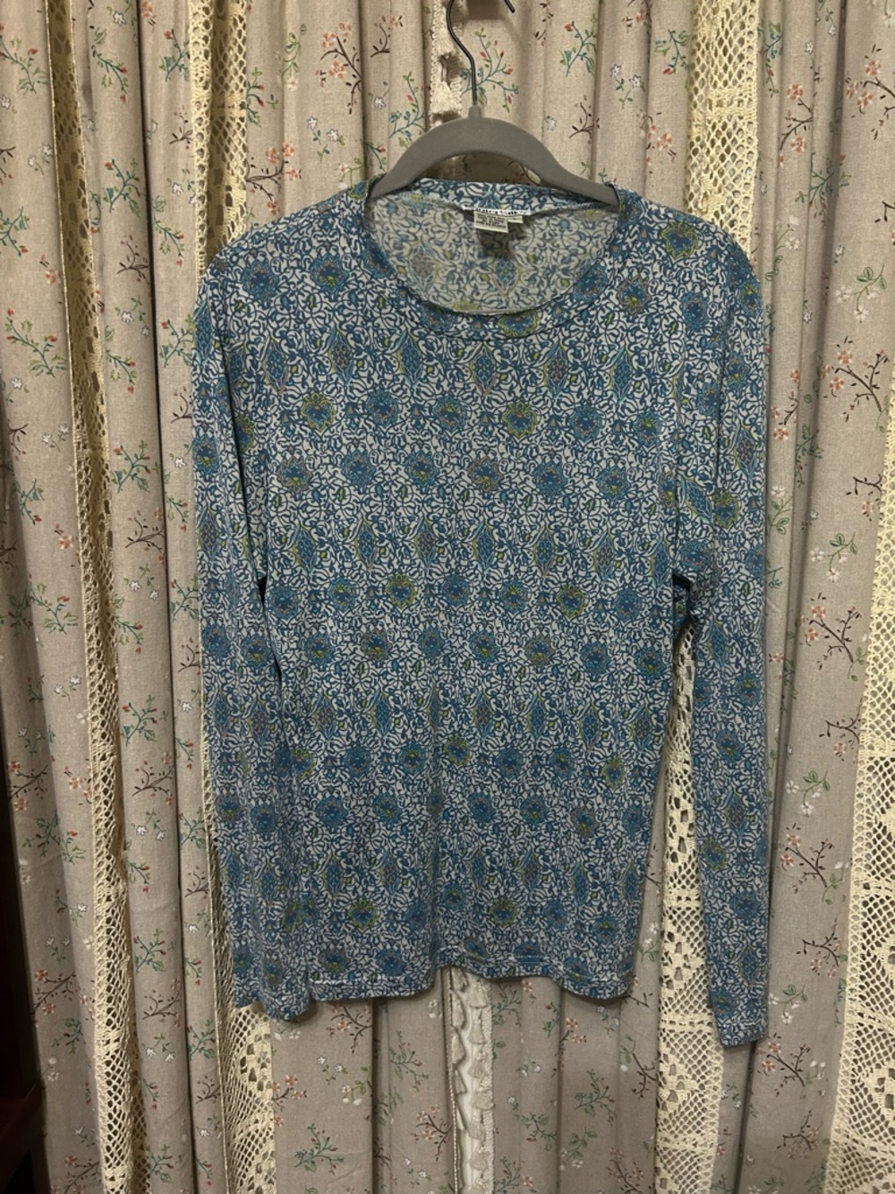 WinterSilks 100% Silk Long Sleeve Top Blue Print Lightweight Layering L